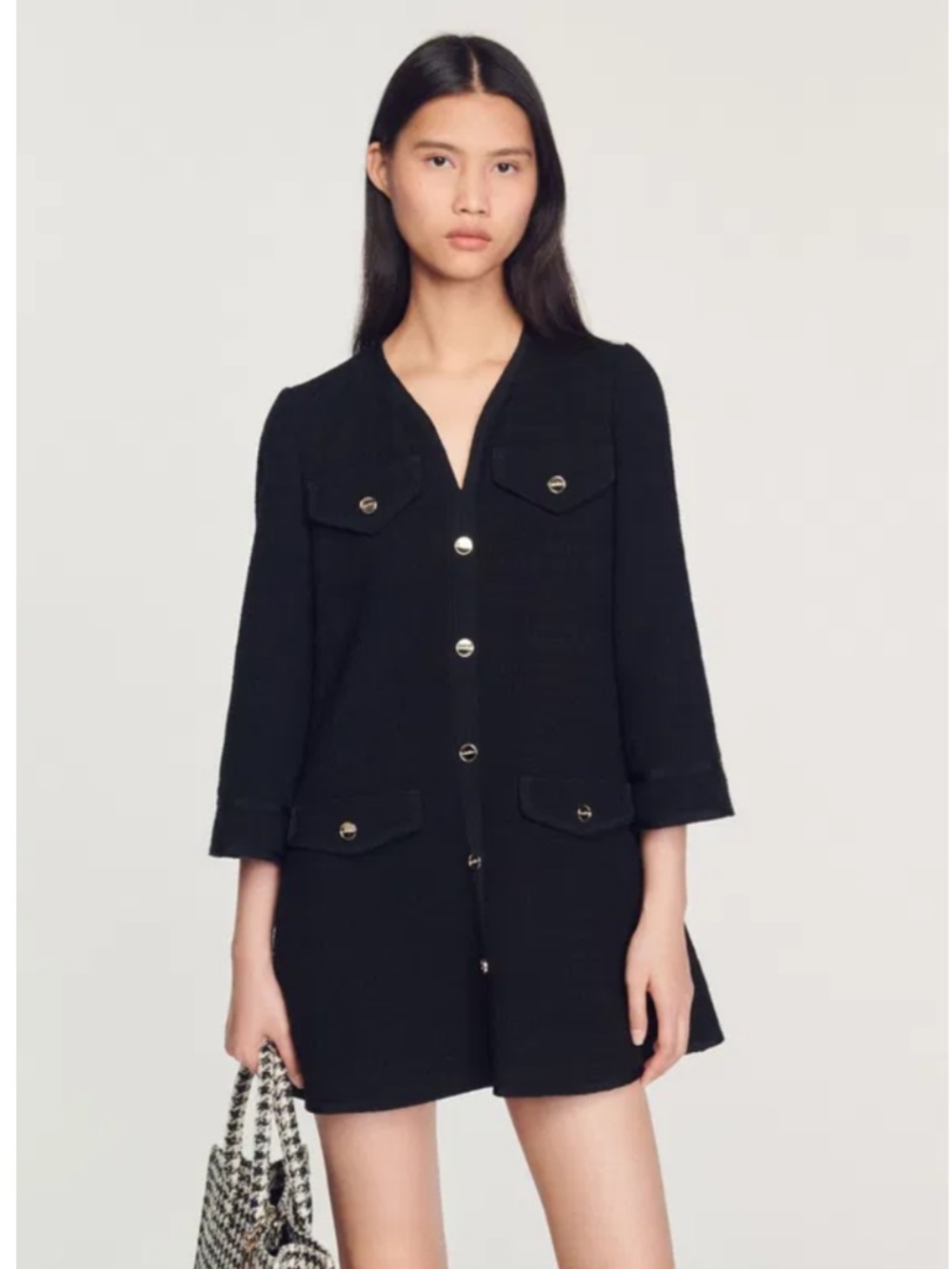 Sandro Black Button-Front Blazer Dress with Gold Buttons